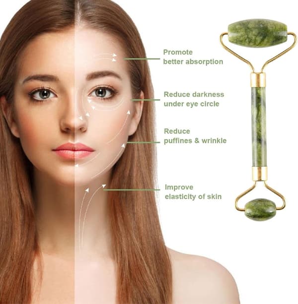 5-delt grøn jaderulle og Gua Sha-stensæt - Ansigtsmassage til lymfedrænage, anti-aging