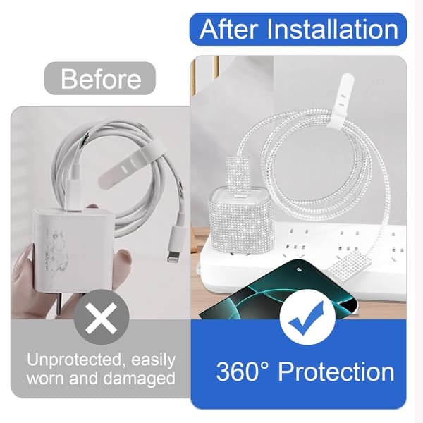 Sett med beskyttelsesdeksel for iPhone 20W USB-C-lader, glitrende diamantladerdeksel, egnet for jenter, myke glitrende ladekabeldeksler.