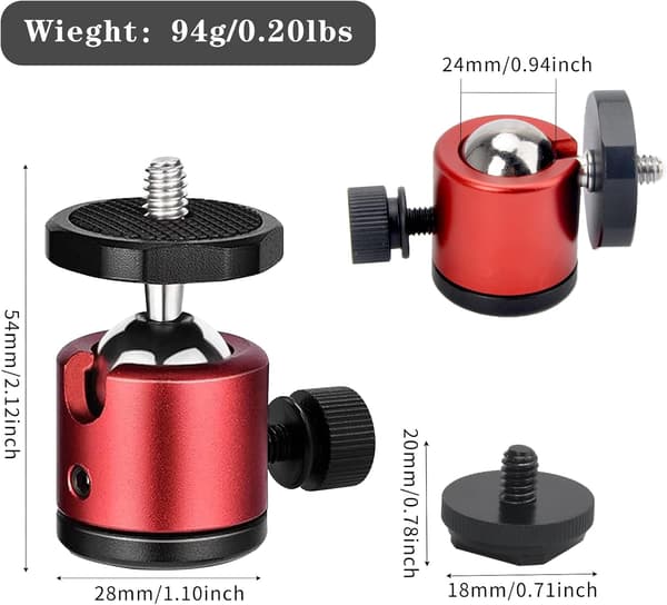 wxsp 2 stk mini kulehode stativhode med 1/4 skruehull 360° roterbart kulehode for kameraer, DSLR, LED-lys, kuleleddholder kompatibel