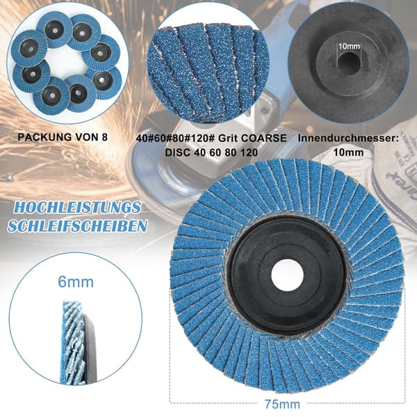 8 Pieces Sanding Discs 76 mm x 10 mm Grit 40/60/80/120 Mix Kit Efficient Sanding Discs Flap Discs Serrated Disc 76 mm Disc for Angle Grinder