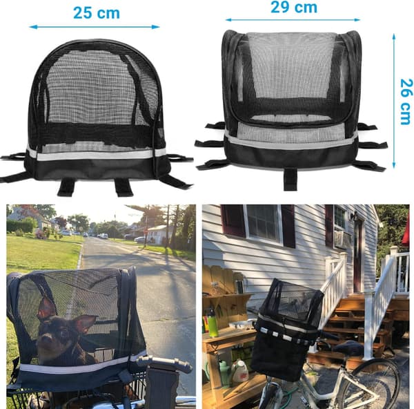 Pet Bicycle Basket for Handlebars, Breathable Mesh, Removable Reflective Strips, Night Safety, Black