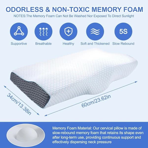 Orthopedic Memory Foam Pillow - with Removable and Washable Pillowcase for Back and Shoulder Pain Relief