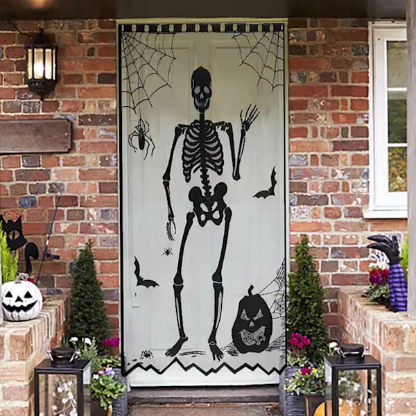 Halloween Svart Spetsfönstergardin Läskig Skelett Häxa Mönster Dörrgardiner Skräck Spindelnät Tryck Dörröppningar Gardinpanel Dekoration