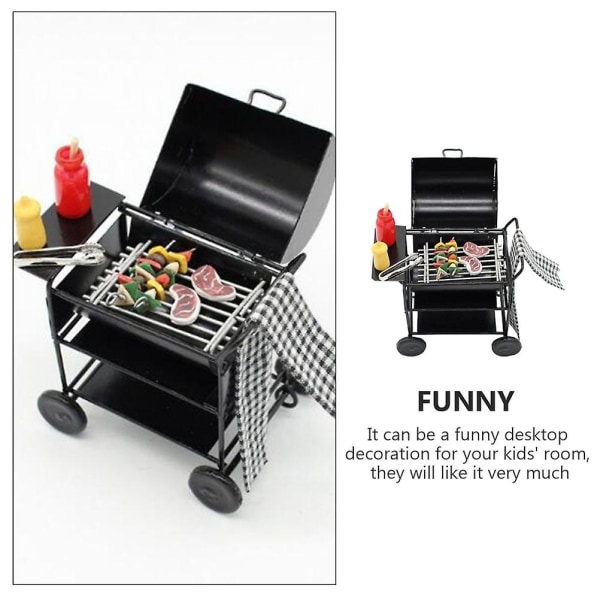 1 sett med simulert grillvogn matleketøy Mini hjemmepynt leketøy dukkehustilbehør Svart9x6,3cm Black 9x6.3cm