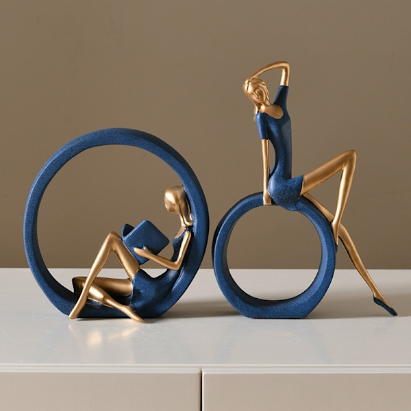2 stk. jentestatuer, abstrakte harpiksskulpturer, lesende jentestatueornamenter, yogajente samleobjektfigurer for hjemmekontor