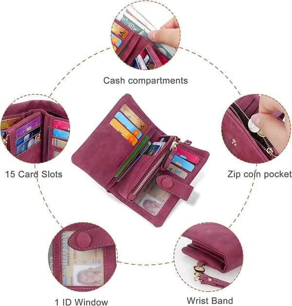 Women's Leather RFID Blocking Wallet - Soft, Comfortable, and Cute Wallet with Multiple Card Slots (Pink)