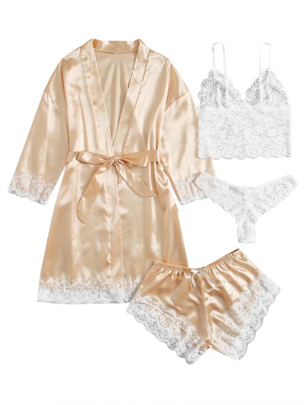 Pyjamas set i satin för damer, 4 delar, blommig spets, camisole, underkläder, pyjamas med morgonrock M guld