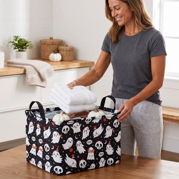 Halloween Ghost Storage Basket, Foldable Laundry Hamper with Handles, Toy Bin for Nursery, Home Decor 9-35x25x25cm