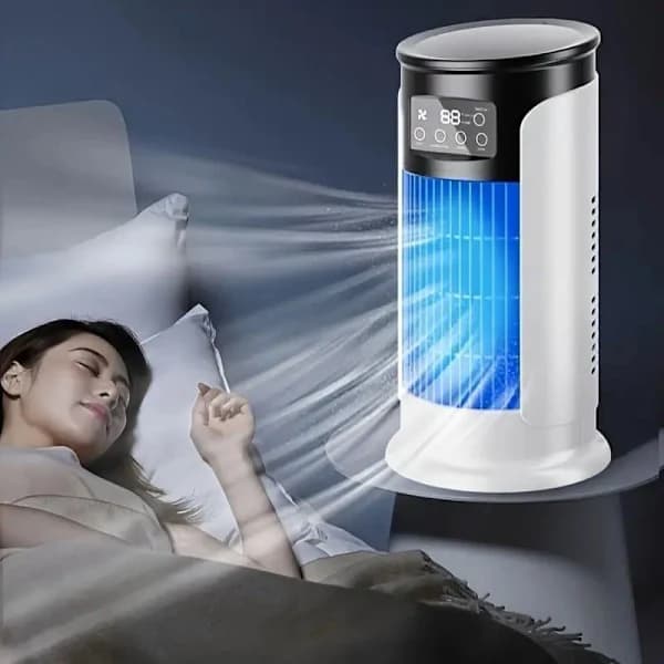 3-i-1 Mini Airconditioner Ventilator, Bordventilator med Luftfugter og Is Tåge, USB, Stille Køling