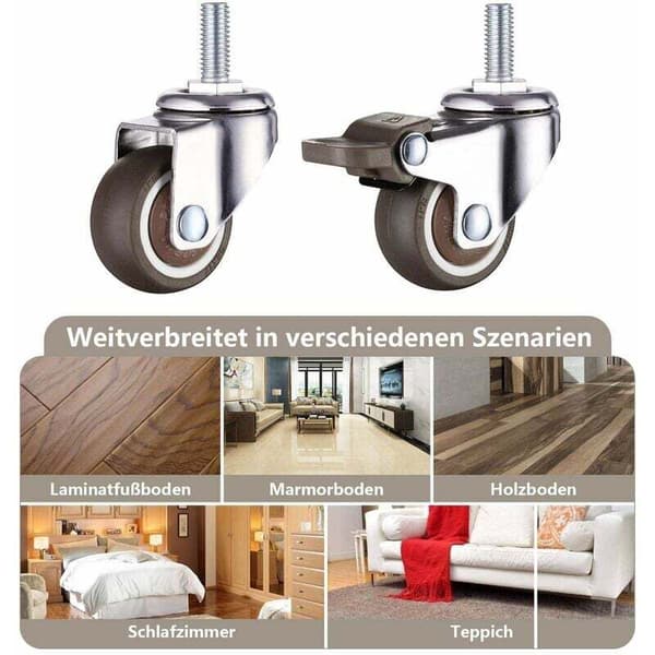 Heavy Duty Swivel Casters with M8 Threaded Stem, Rubber, for Hand Trucks and Workbenches, 2 pcs with Brake + 2 pcs without Brake