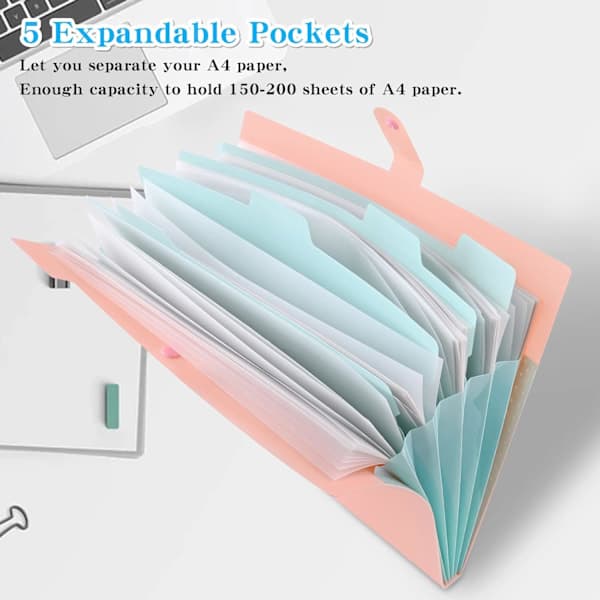 Expanding Folder, A4 Paper Pockets Accordion Document Bag Organizer Wallets File Folders with Buckle for School Office, 5 Pockets 4 Pcs 4pcs