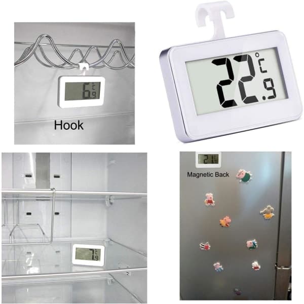 Kylskåpstermometer, 2-pack LCD Digital Kyl-Frysskåpstermometer med Hängkrok och Infällbart Ställ