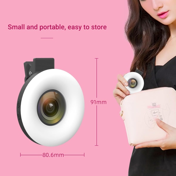 Makrolinse med miniklips ringlys, smarttelefonmakrolinse, bærbar oppladbar dimming for telefonnærfotografering (svart)