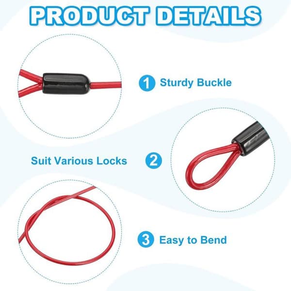 Security Cable - 2 pcs - Stainless Steel and Vinyl - Double Loop - For Suitcase and Bicycle - Red 50 cm