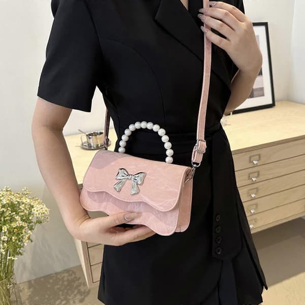 Women's PU Leather Shoulder Bag with Cute Bows, Pearl Handle, Handbag with Adjustable Strap, Small Crossbody Bag Blue Blue