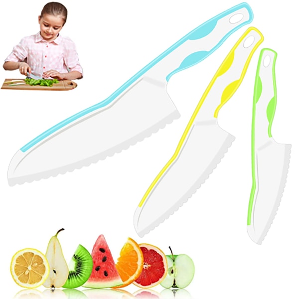 Børneknivsæt til rigtig madlavning, 3-delt plastikknivsæt til småbørn, takkede kanter, 3 størrelser og farver (blå-gul-grøn)