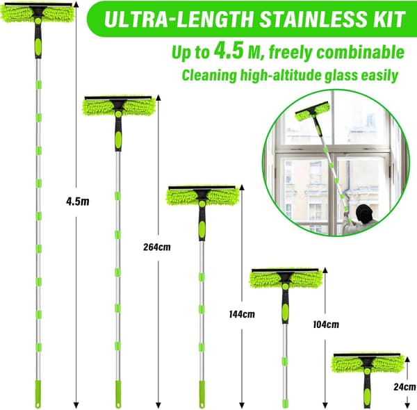 4.5m Window Cleaning Tool, 3-in-1 Set with Extension Pole, Microfiber Brush, and Squeegee for High Windows and Cars