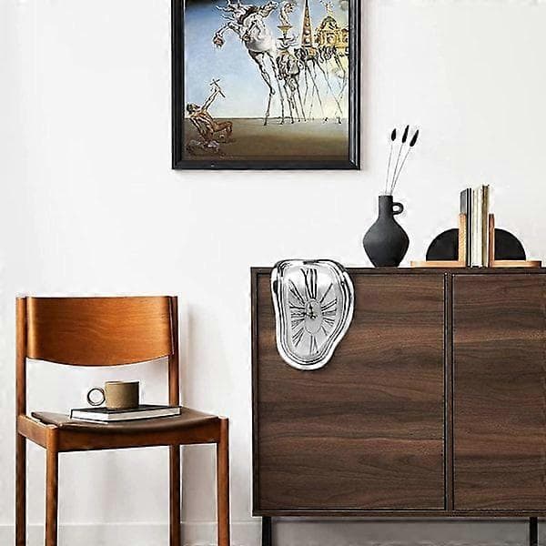 Novelty Melting Clock, Creative Modern Wall Clock, Retro Twisted Melting Time Clock for Home Kitchen Office Desk Decoration (Silver)