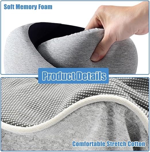 Memory Foam Neck Pillow for Airplanes - 360° Adjustable Neck Angle, Includes Eye Mask and Earplugs (Light Gray)