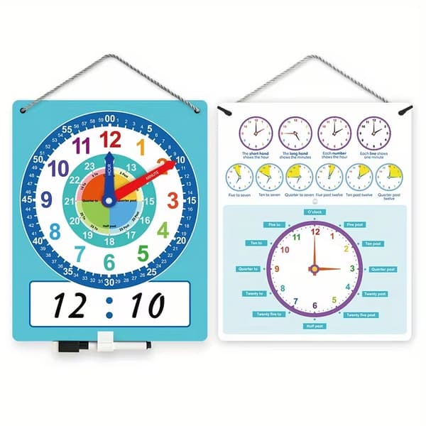 Double-Sided Erasable Instructional Demonstration Clock, Non-Real Clock, Analog and Digital Time Display