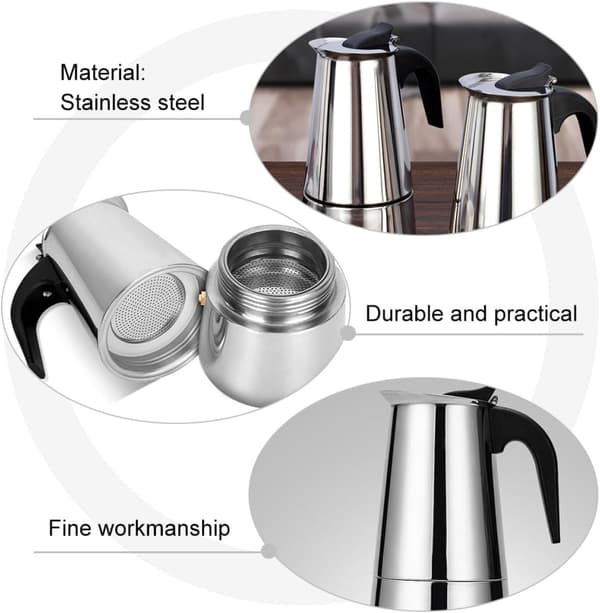 Stainless Steel Moka Pot Coffee Maker 450ml 9 Cups Cool Handle Fast Brewing Stylish Modern Design