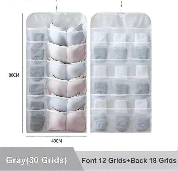 Wardrobe Hanging Organizer with Mesh Pockets and Rotating Metal Hanger, Space-Saving Bag (Grey, 30 Compartments)