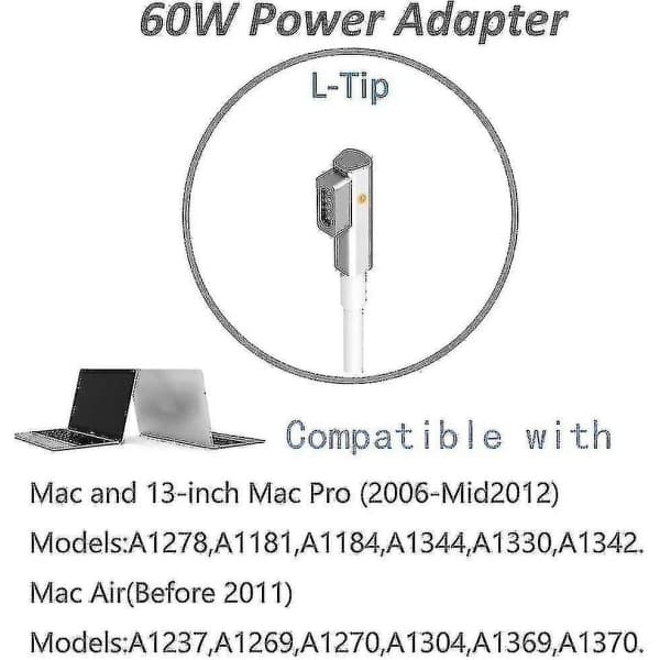 60W Macbook Pro Lader - Erstatnings 60W L-tip Macbook Lader for Eldre Macbook Pro 13 tommer - Universell Strømadapter Kompatibel med Macbook Pro 13 I