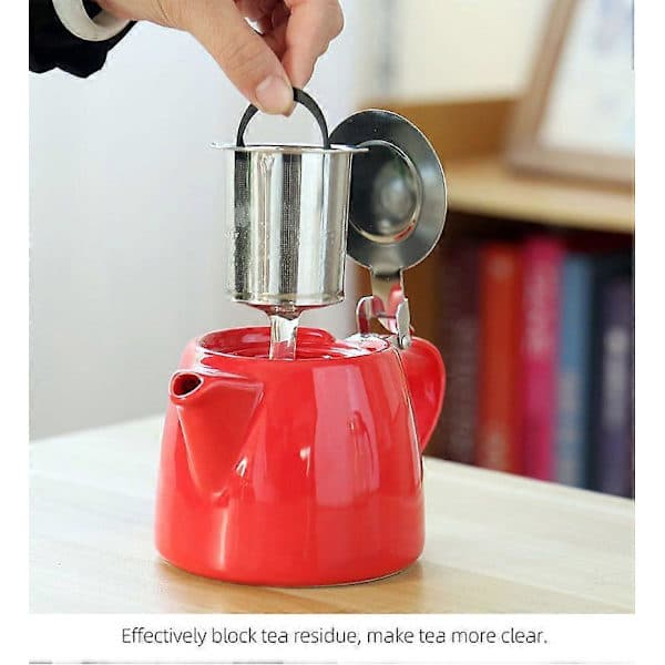 Red Ceramic Teapot with Lid and Strainer for Loose Teas, Serves One or Two