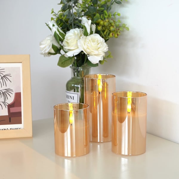 Guld Glas Flamlösa Ljus Batteridrivna Med Timer, Fjärrkontroll, LED-Stearinljus Batteridrivna, Vax, Set Om 3