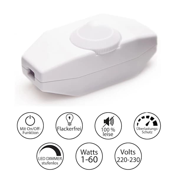 Lysdimmer, roterende bryter med hvit 220-230V-kabel, trykknapp for dimbare LED-lamper
