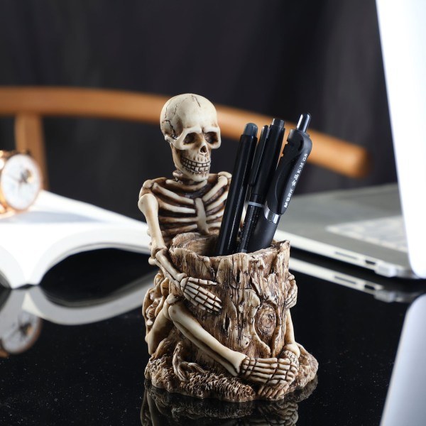 Pääkallo-kynäteline meikkiharjateline Creative Skeleton hammasharjateline Halloween Kotitoimiston työpöydän säilytyslaatikon koristelu (valkoinen)