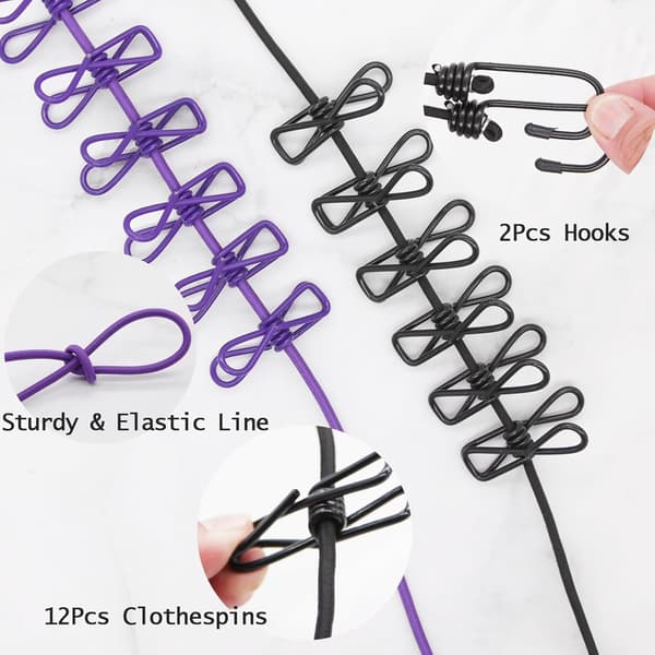 Clothes Drying Line with Hooks (2-pack) Elastic Clothes Hanger Line for Clothes Drying with 12 Clips Clothesline for Drying Clothes