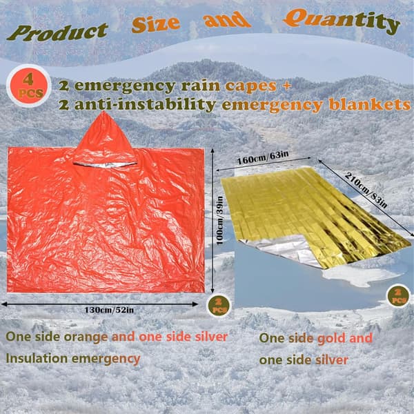 The four-piece survival kit includes an emergency poncho (two pieces), a thermal emergency blanket (two pieces), and a polyester film lining.