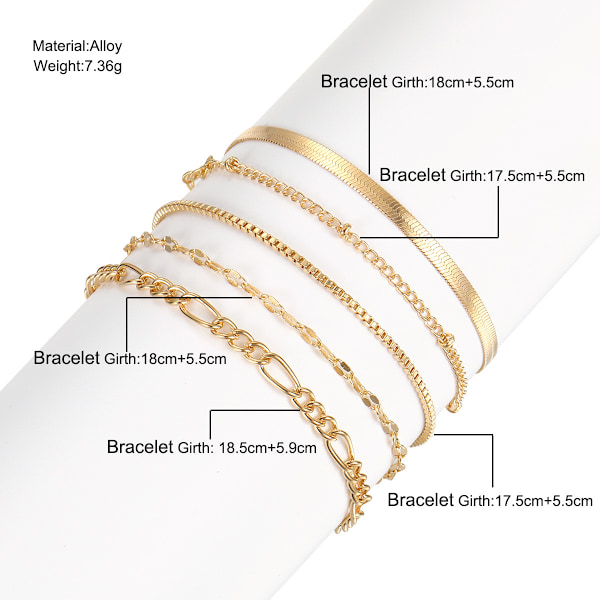 Gullfarget seksdelt sett armbånd for kvinner Trendy Dainty Perlet Paperclip Link Chain Armbånd Stack Stackable