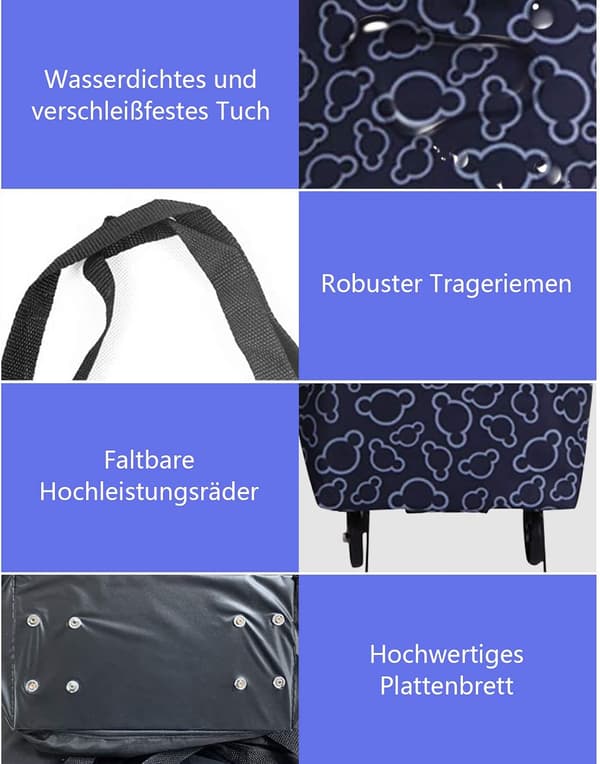 Foldbar Handlebag med Hjul, Vikbar Kvinnelig Gjenbrukbar Multifunksjonell Handlepose Reiseveske Stor Kapasitet
