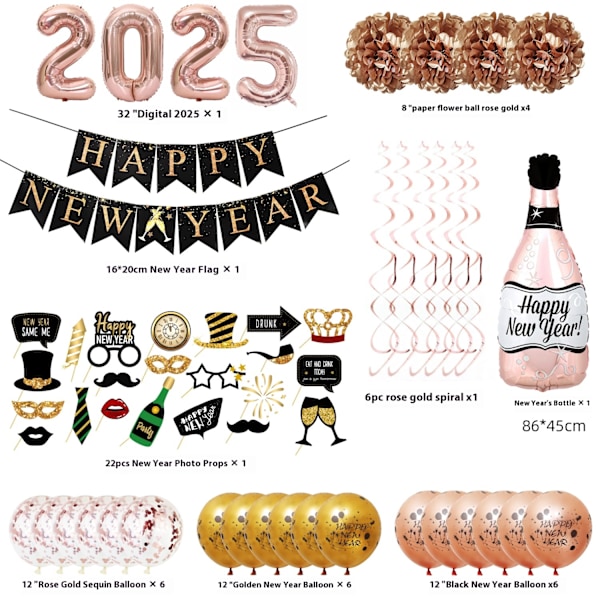 Rose gold Happy New Year -setti, jossa on kultafolioilla painettu kirjainlippu, jonka voi kiinnittää ja irrottaa helposti seinistä ja taustoista