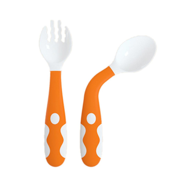 2 stk Børne Gaffel og Ske Sæt Bøjning Bestik Baby Øvelse Anti-varm Foder Bordtøj (bøjning 1 stk Gaffel og 1 stk Ske, Orange)Orange2stk Orange 2pcs