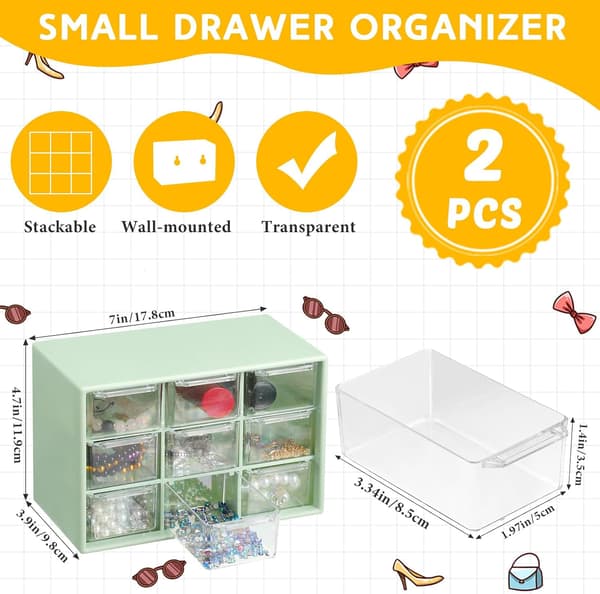 2-piece small storage box, teacher toolbox, with 9 transparent drawers, small plastic desk organizer for teachers.