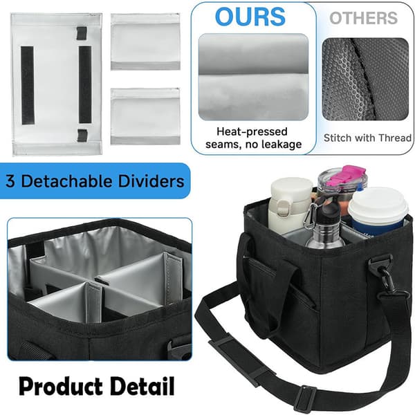 Reusable Drink Carrier with Handle - Insulated, Foldable 4-Cup Beverage Bag with Spill-Proof Base, Adjustable Dividers, and Shoulder Strap, Portable Caddy