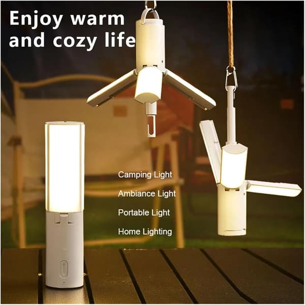 This foldable outdoor camping lamp/portable lantern is rechargeable, has 3 dimming modes, and is suitable for emergency lighting in tents.
