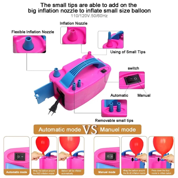 Kaksiosainen sähköinen kannettava kaksisuutininen ilmapallopuhallinpumpun täyttö koristeluun, juhlaan [110V ~ 120V, 600W, ruusunpunainen]