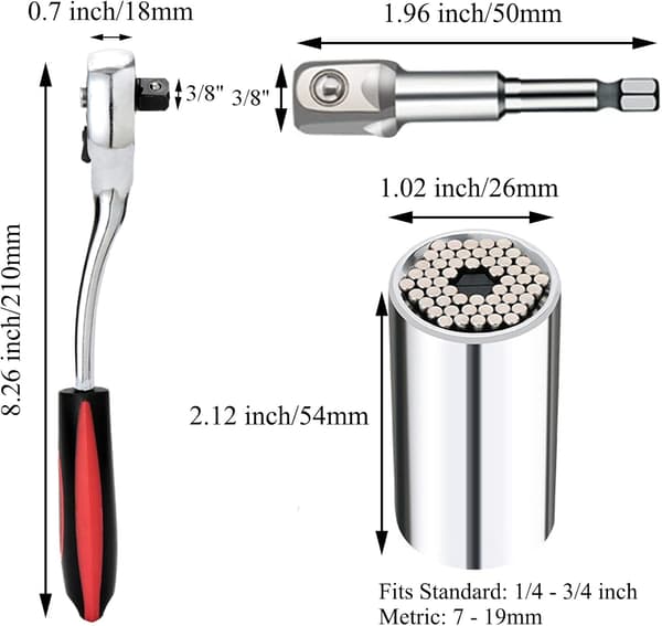 3/8 inch Socket Wrench and Universal Socket Tool Set (7-19MM), Super Socket Drill Adapter for Impact Drill, Ratchet Handle,