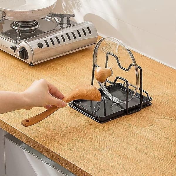 Pot Lid Holder, Cutting Board, Spoon Rest, Cutting Board Organizer Rack with Drip Tray (Black)