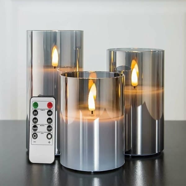 Silvergrå glasljus utan låga med fjärrkontroll C