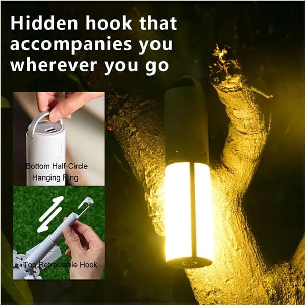 This foldable outdoor camping lamp/portable lantern is rechargeable, has 3 dimming modes, and is suitable for emergency lighting in tents.