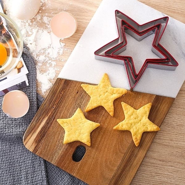 Stjernekakeformsett med 3, Stjerneformede kakeform i rustfritt stål for sandwichkjeks Fondantkake Ost