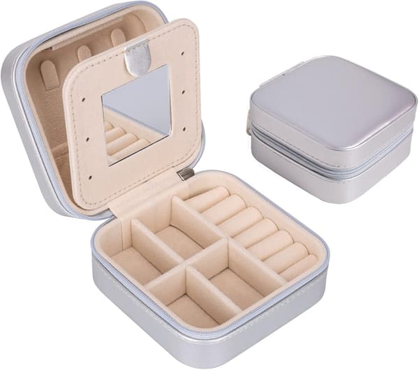 Mini Portable Jewelry Box (Silver) - Double Layer Leather Travel