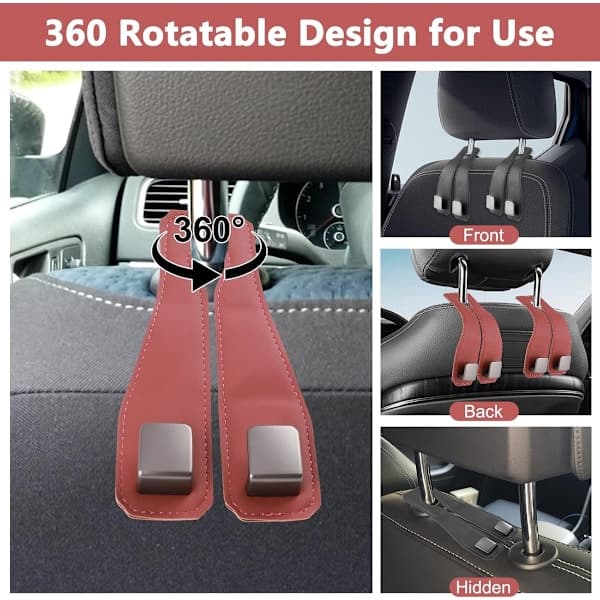 2-pack upgraded car seat hooks, premium leather headrest hooks with metal hooks, back seat storage bag (black)