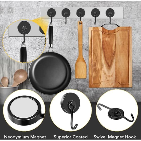 Powerful Magnetic Hook, Neodymium Black Refrigerator Magnet, Swivel Magnetic Hook - for Kitchen, Dish Towel, Table, 6pcs