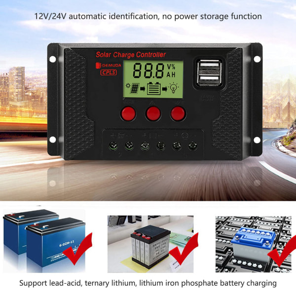 30A Solcelleladeregler LCD Auto Solcellepanel Regulator MPPT Dobbel USB-port for Fotovoltaisk Modulsystem 12V/24V